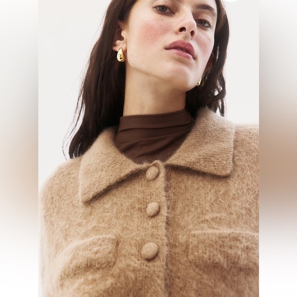 H&M MOHAIR-BLEND COLLARED CARDIGAN in Dark Beige - Picture 2 of 13
